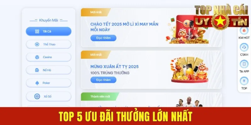 Top 5 ưu đãi thưởng lớn nhất