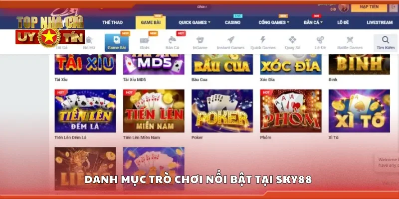 Danh mục trò chơi nổi bật tại Sky88